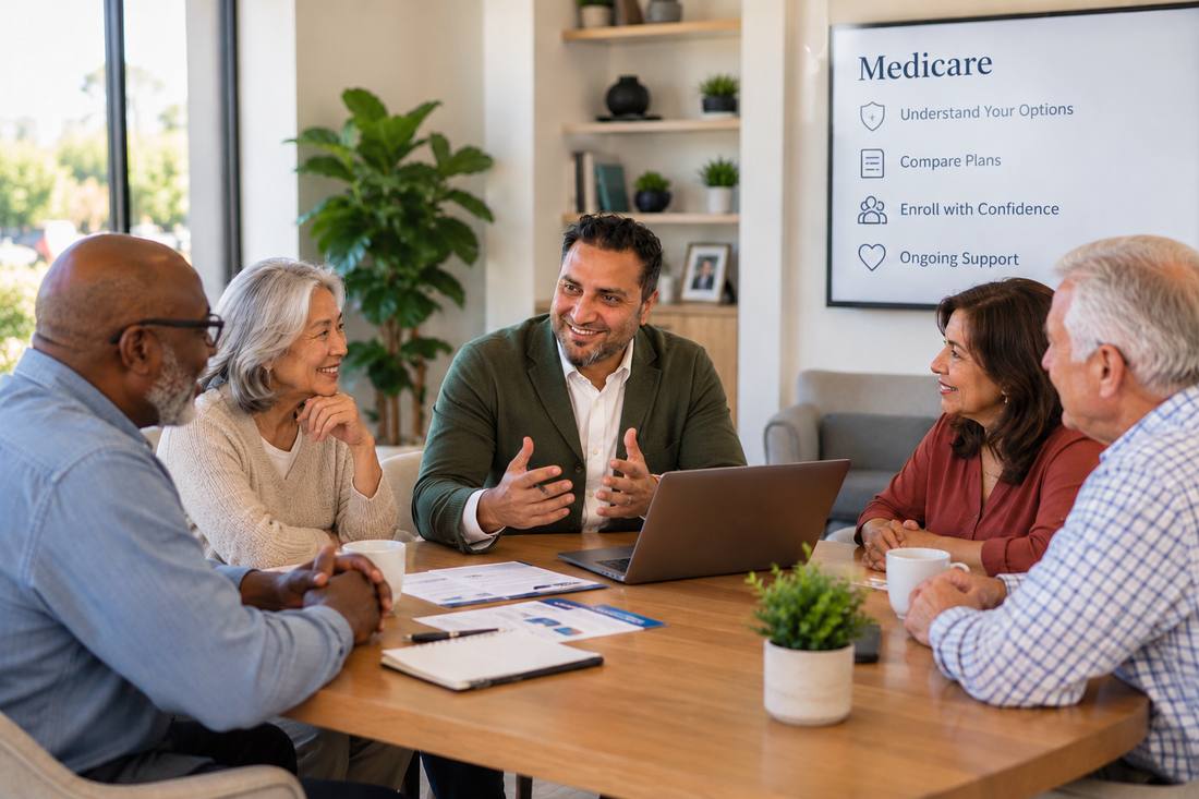 Sid Prajapati talking through Medicare options with a group of older adults